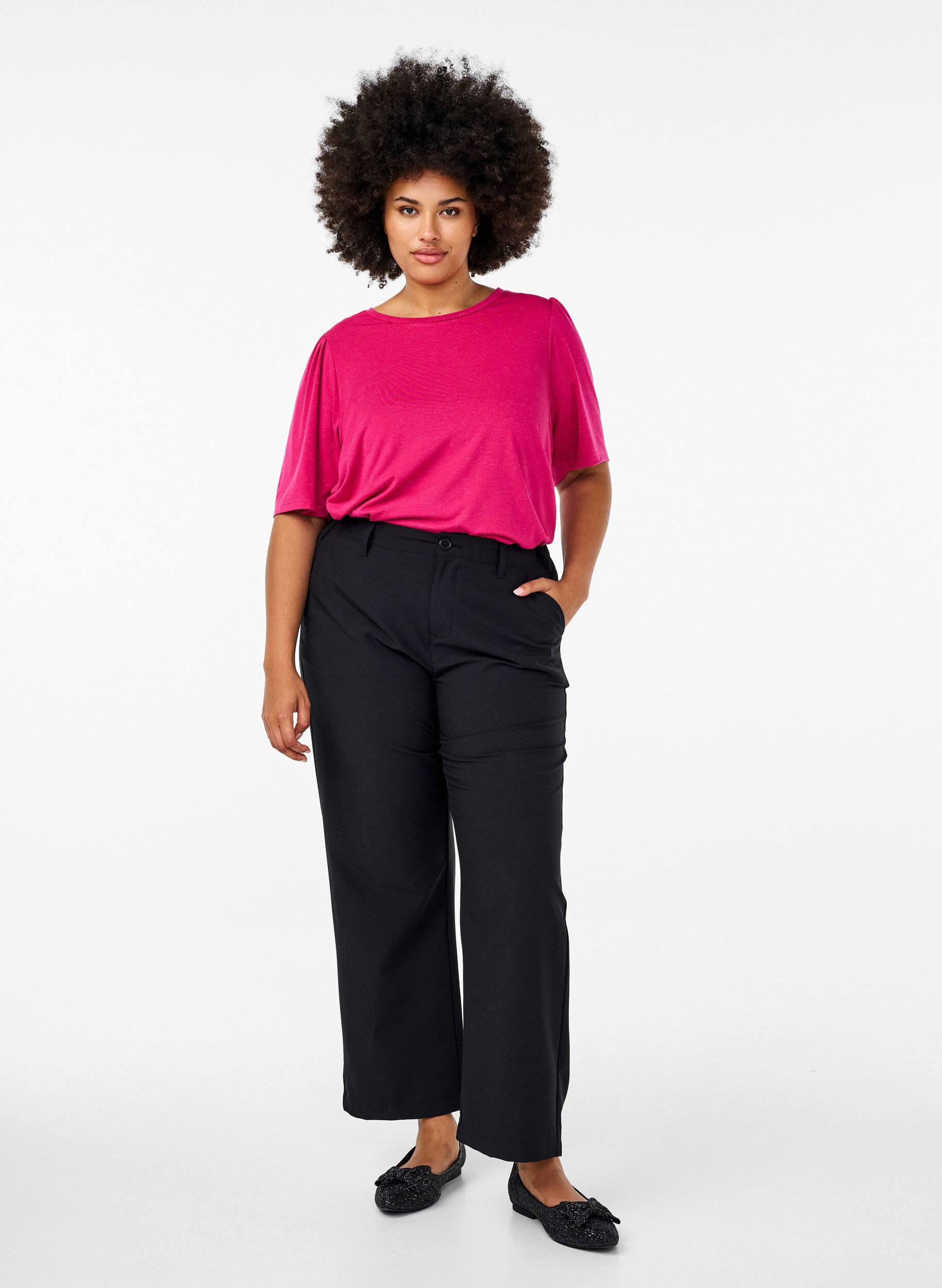 Zizzifashion T-shirt with glitter and short puff sleeves, Pink, Model image number 1