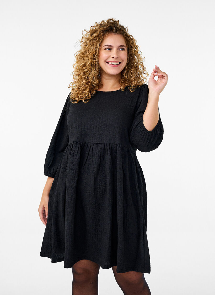 FLASH - Short dress with texture and 3/4 sleeves, Black, Model image number 0