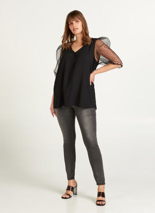 Blouse with transparent puff sleeves, Black, Model image number 2