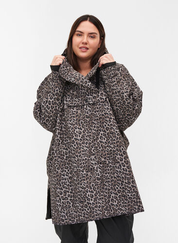 Rain poncho with hood and print, Brown Leo, Model image number 0