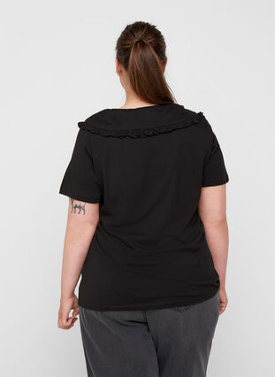 Short-sleeved cotton t-shirt with collar, Black, Model image number 1