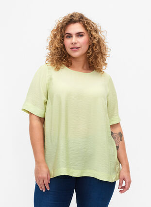 Blouse with half-length sleeves in viscose, Lily Green, Model image number 0