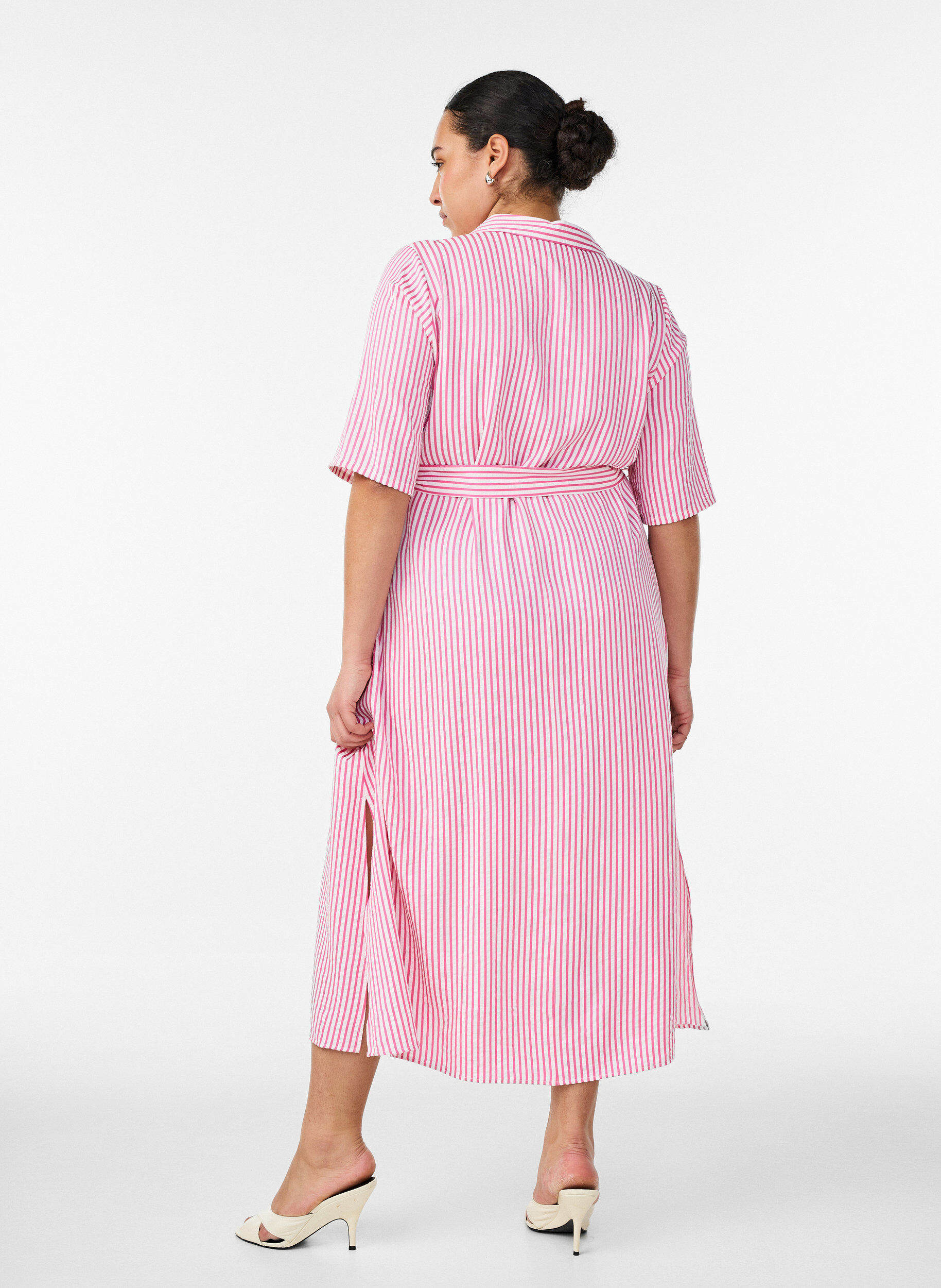 Zizzifashion Ankle-length shirt dress with tie belt and stripes, Pink, Model image number 1