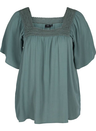 Short-sleeved viscose blouse with lace, Balsam Green, Packshot image number 0