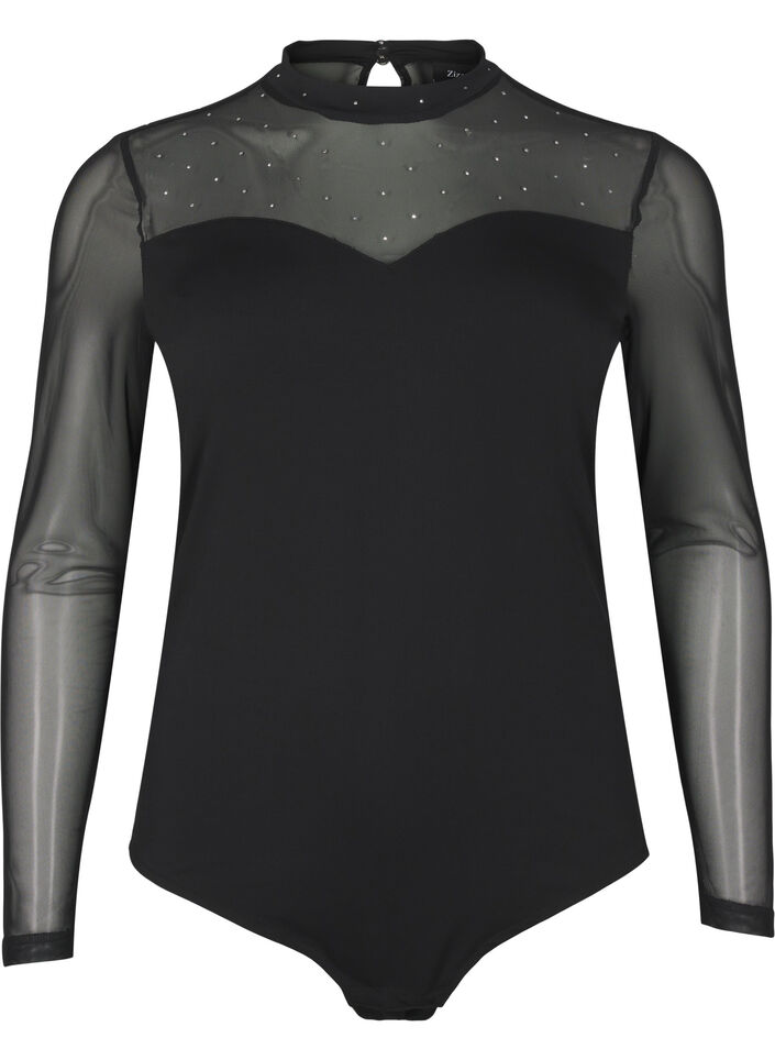 Bodystocking with studs and long mesh sleeves, Black, Packshot image number 0