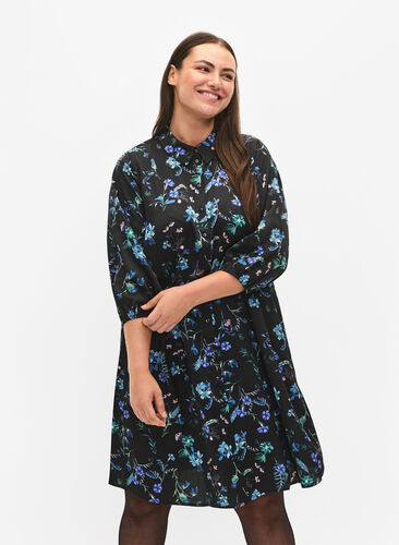 Shirtdress with 3/4 sleeves and floral print, Blue Flower AOP, Model image number 0