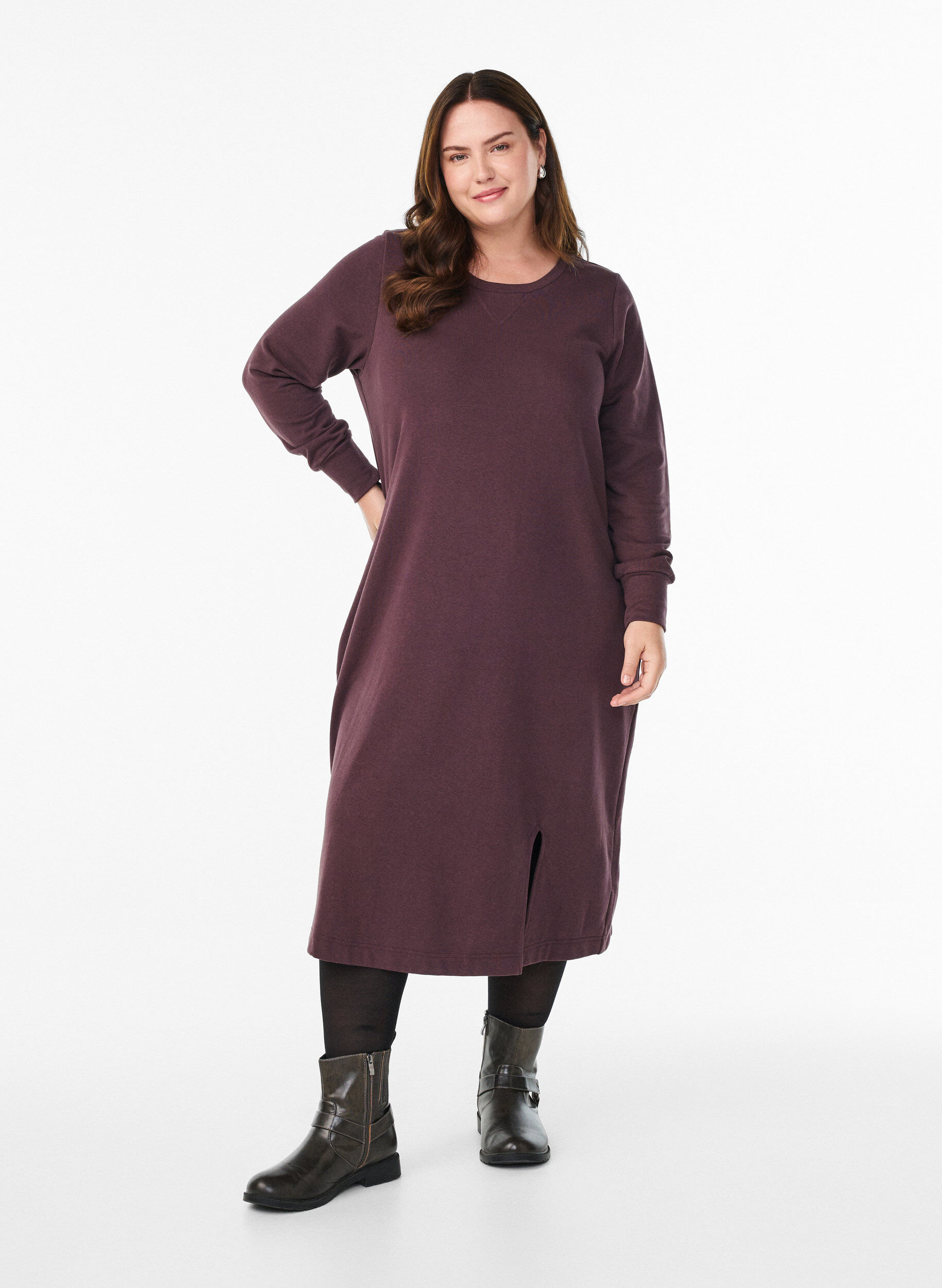 Cotton sweat dress with pockets, Dark Bordeaux, Model