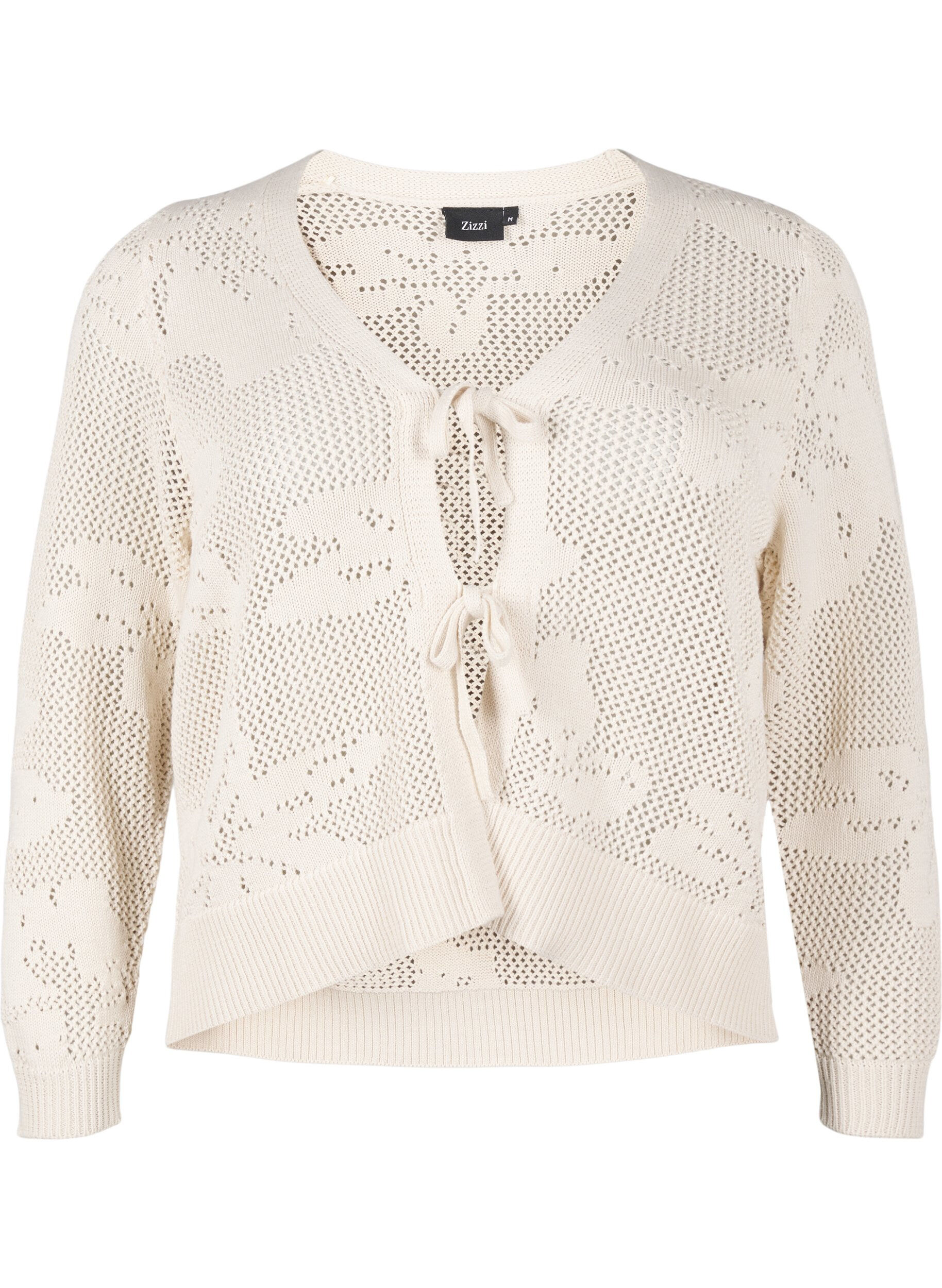 Zizzifashion Knitted cardigan with openwork pattern and tie strings, Birch, Packshot image number 0