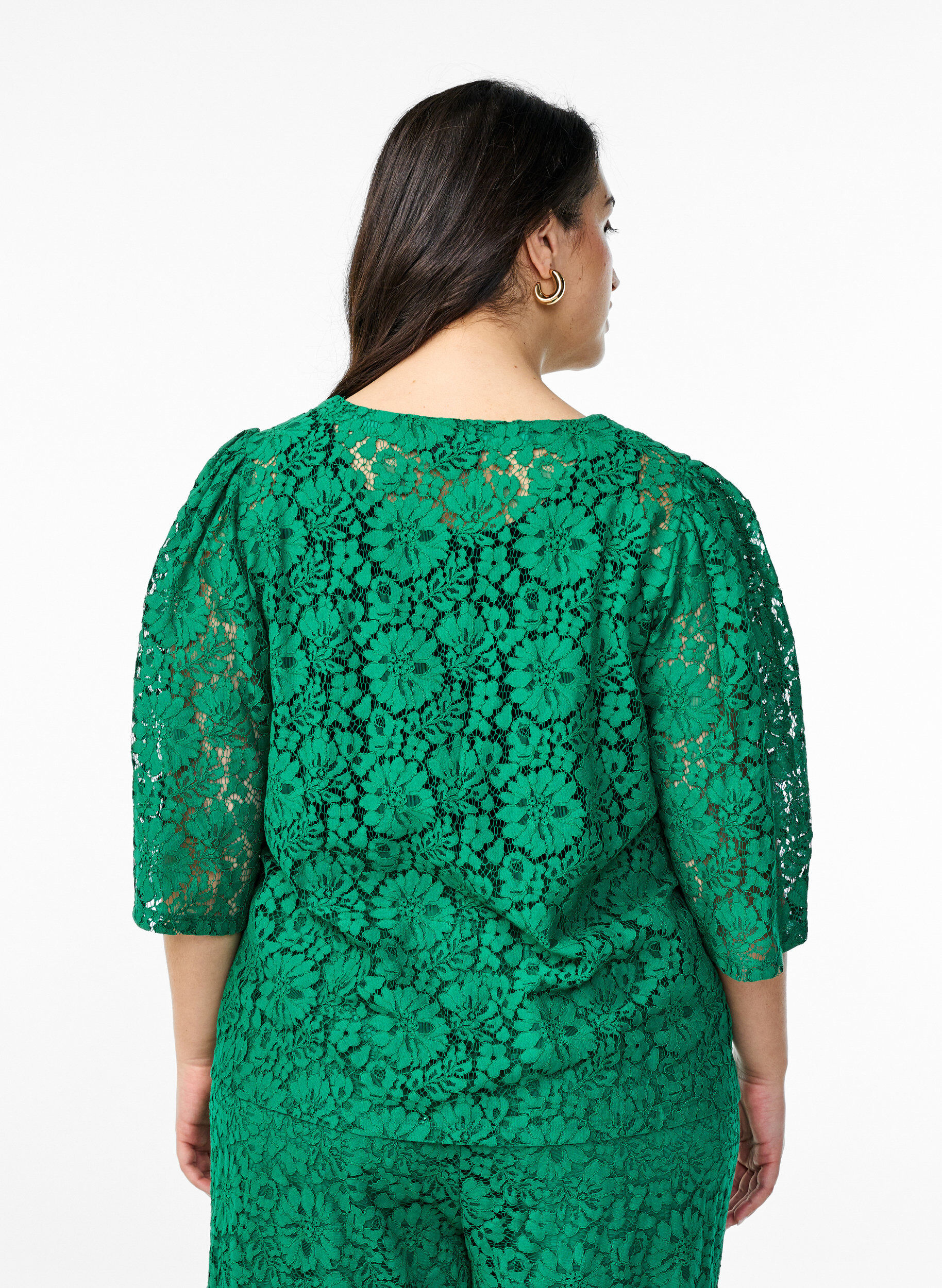 Zizzifashion Lace blouse with 3/4 sleeves and bows on the front, Green, Model image number 2