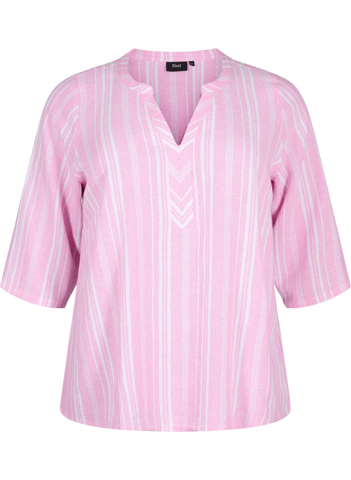 Striped blouse in linen-viscose blend, Pink, Packshot image number 0