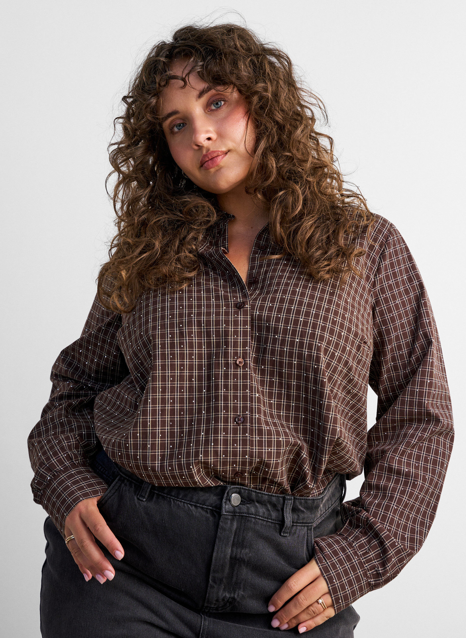 ZizzifashionChecked shirt with rhinestones, Brown, Model image number 0