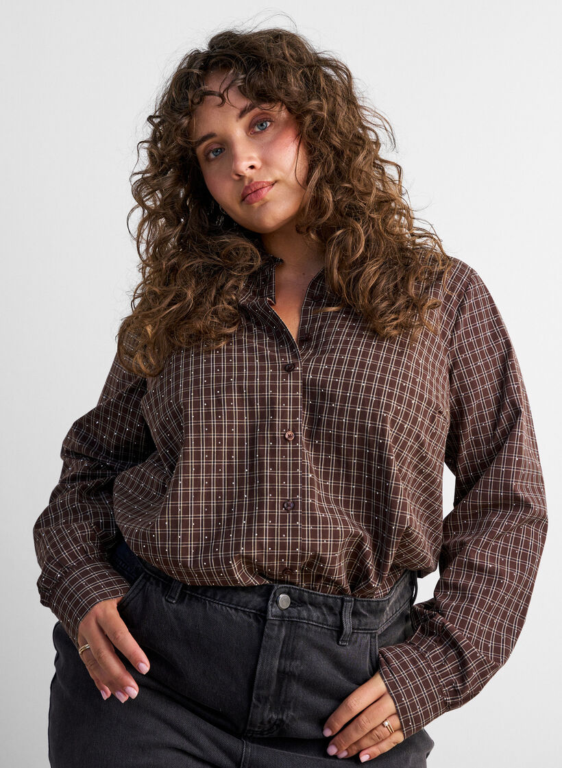 Checked shirt with rhinestones, Brown, Model image number 0