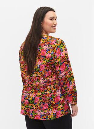Viscose top with floral print and smock, Neon Flower Print, Model image number 1