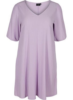 Dress with puff sleeves and V-neck, Purple Rose, Packshot image number 0