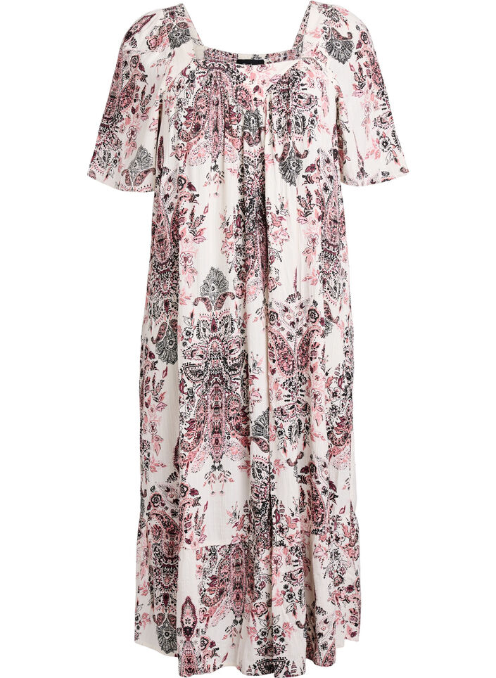 Long dress with a square neckline and floral motifs, Vanilla, Packshot image number 0