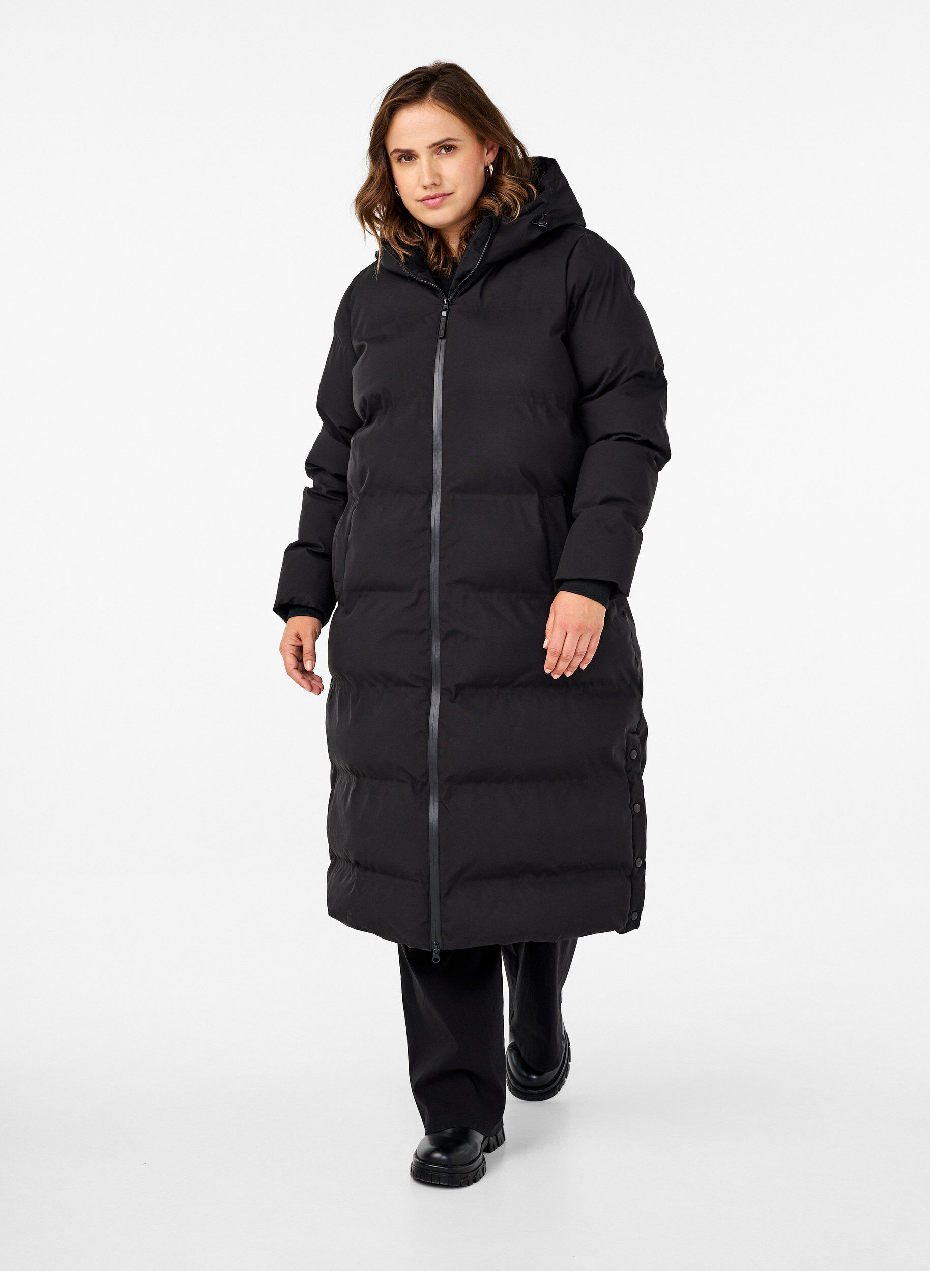 Long puffer winter coat with hood, Black, Model