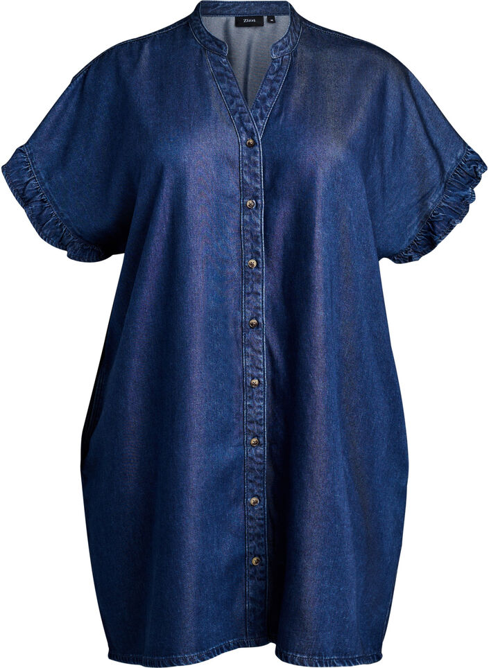 Denim-look dress with button fastening and ruffle sleeves, Blue, Packshot image number 0