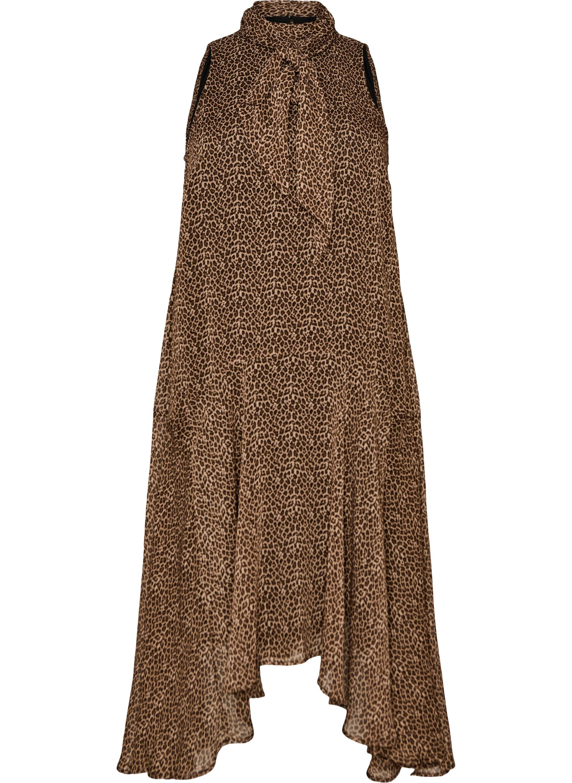 Zizzifashion Midi dress in chiffon with leopard print and a tie-waist, Brown, Packshot image number 0