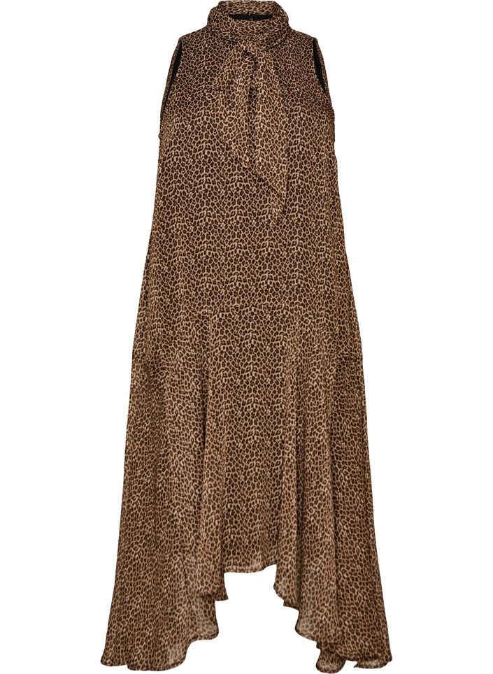 Midi dress in chiffon with leopard print and a tie-waist, Brown, Packshot image number 0