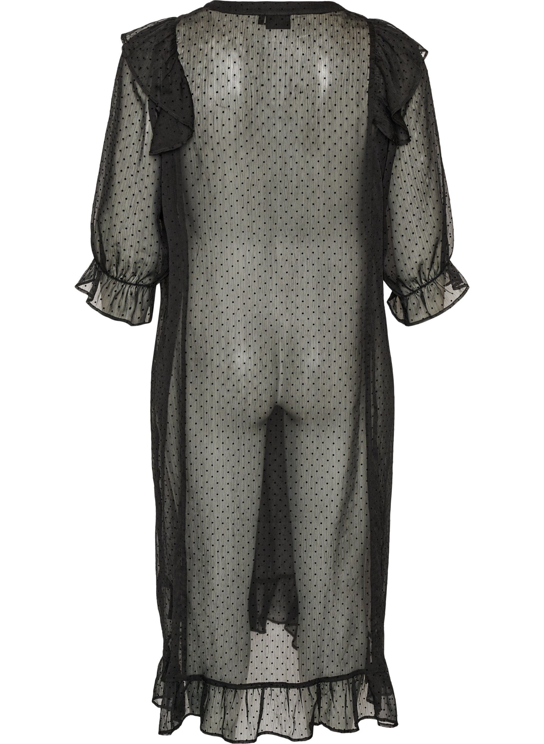 Zizzifashion Midi dress in a lightweight, sheer fabric with dots and ruffles, Black, Packshot image number 1