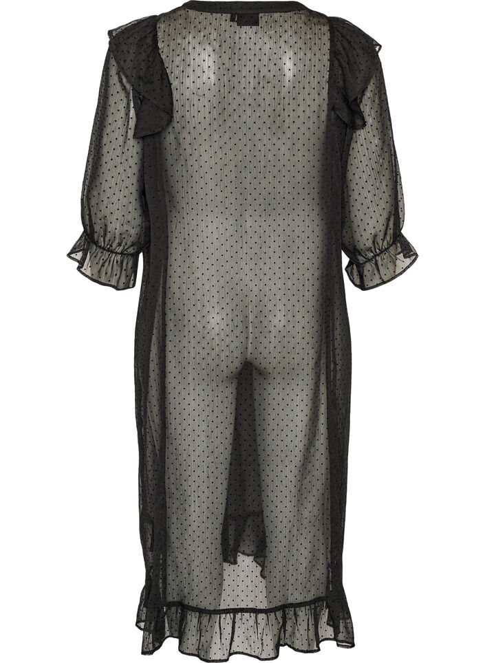 Midi dress in a lightweight, sheer fabric with dots and ruffles, Black, Packshot image number 1