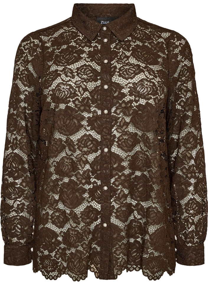 Lace shirt with pearl buttons, Brown, Packshot image number 0