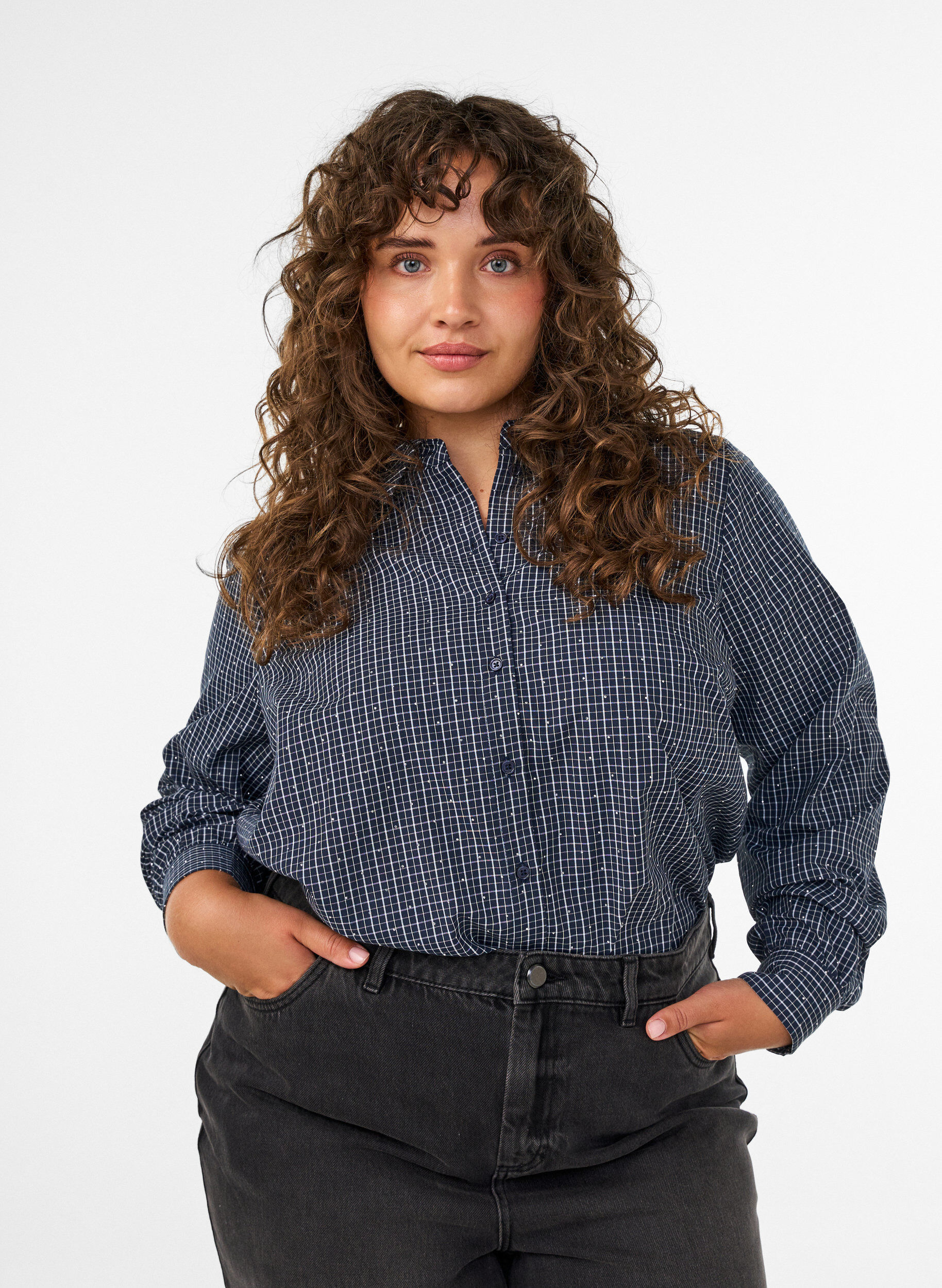 ZizzifashionChecked shirt with rhinestones, Blue, Model image number 0