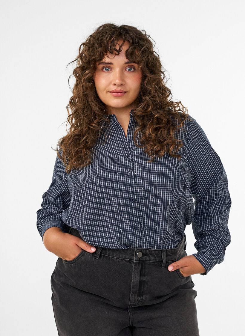 Checked shirt with rhinestones, Blue, Model image number 0
