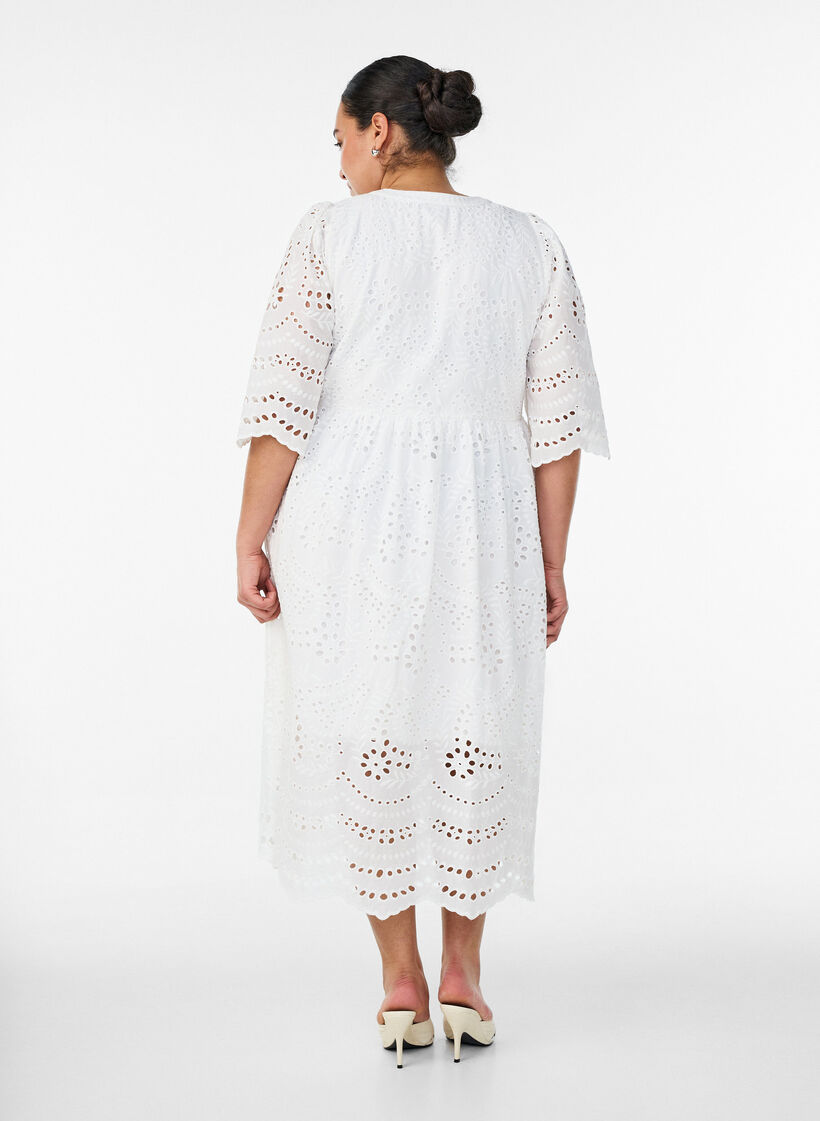Midi dress with broderie anglaise and an empire line, White, Model image number 1