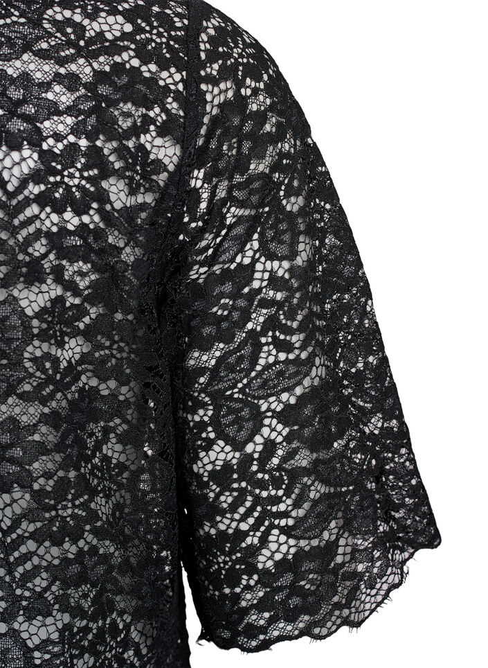 Lace blouse with short sleeves and round neck, Black, Packshot