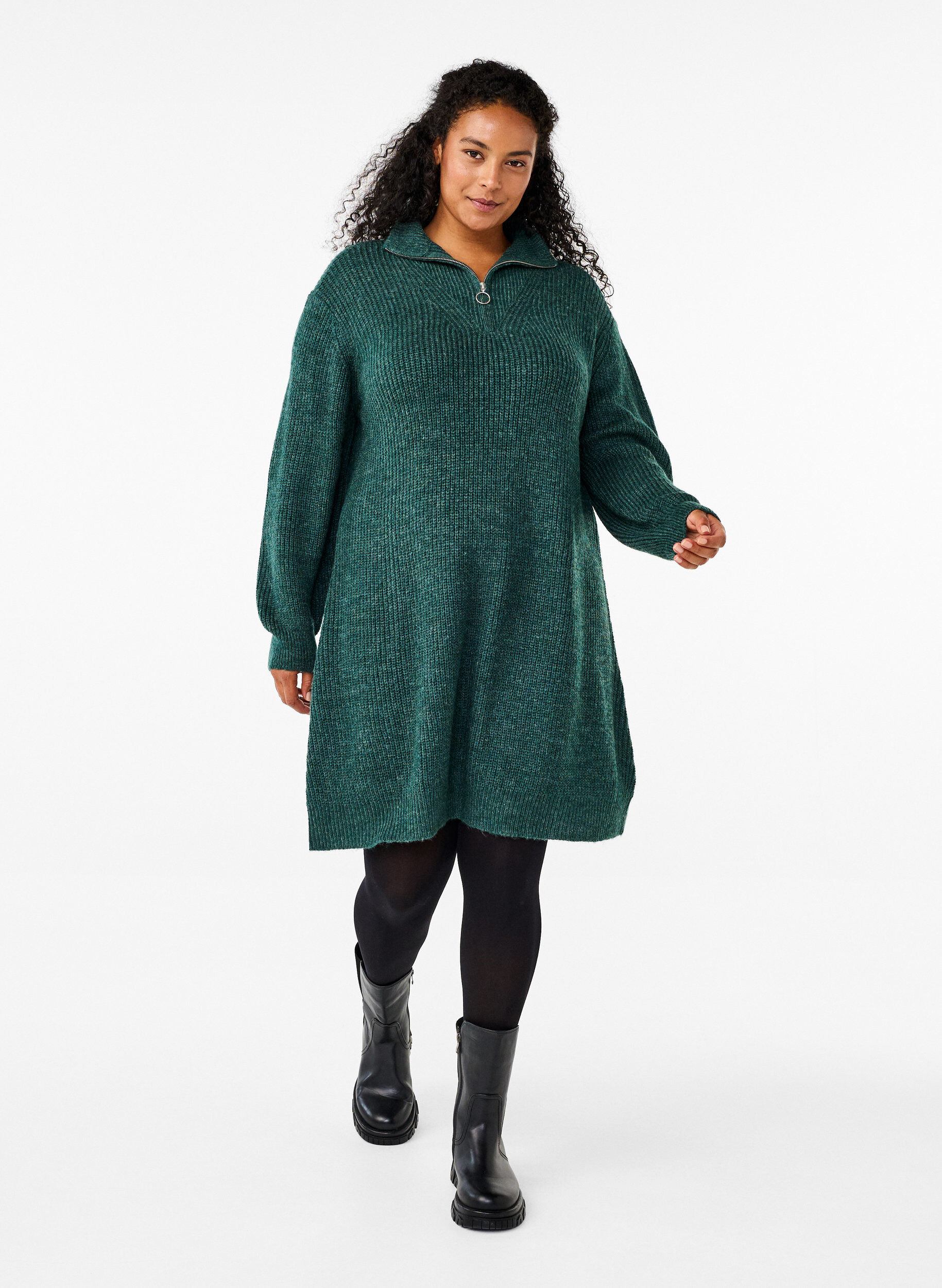 Zizzifashion FLASH - Knitted dress with high neck, Sea Moss Mel., Model image number 2
