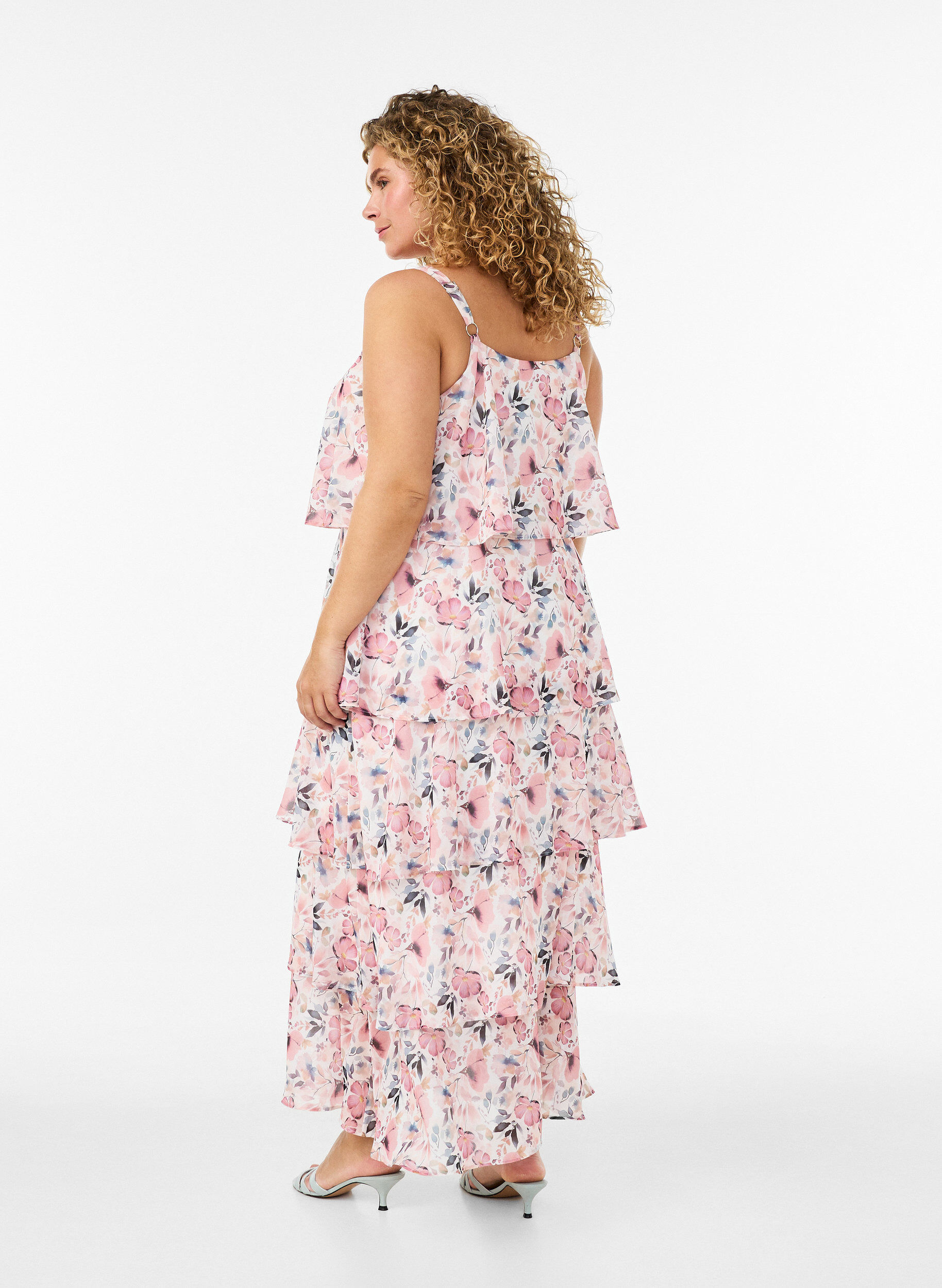Zizzifashion Maxi dress with ruffle layers and detachable cape, White, Model image number 4