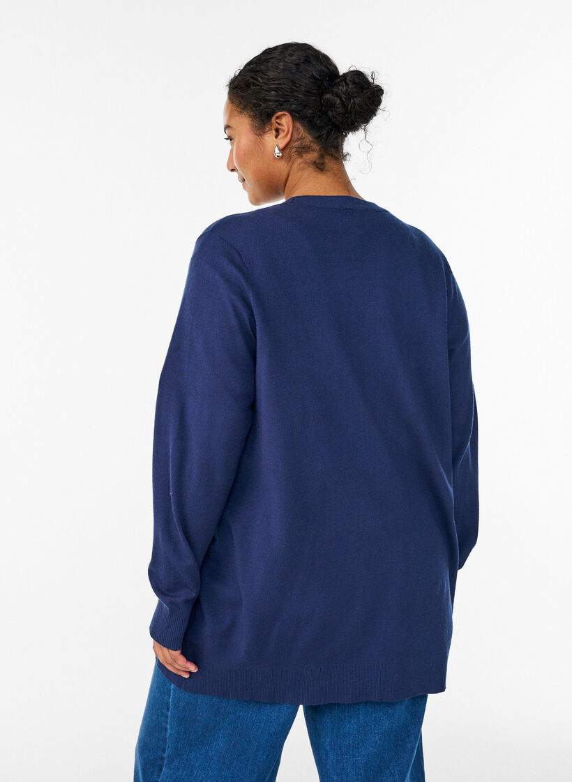 Long open-front knit cardigan with pockets, Blue, Model image number 2