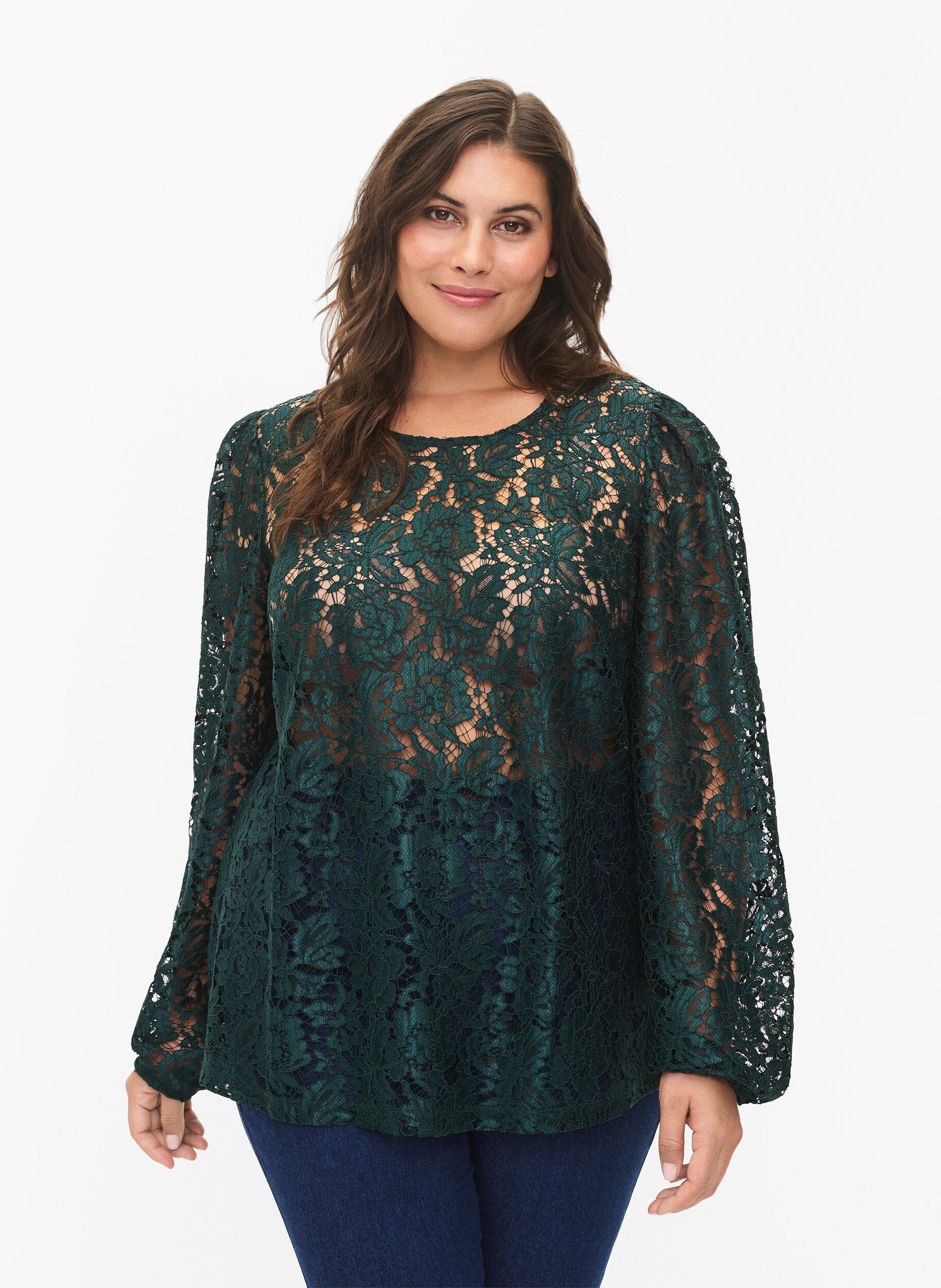 Zizzifashion FLASH - Long sleeve lace blouse, Scarab, Model image number 0