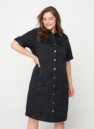 Short-sleeved denim dress, Black, Model image number 0