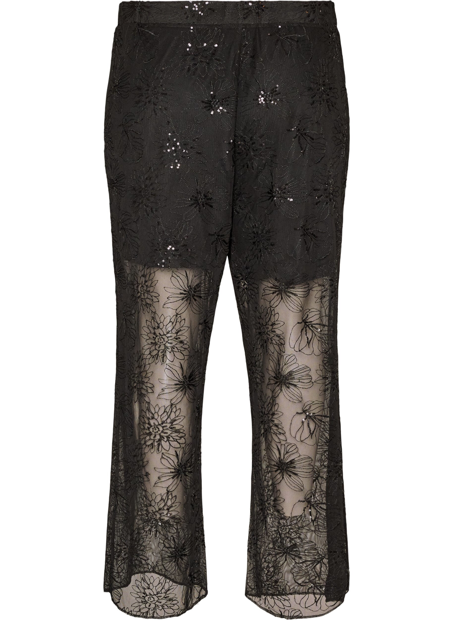 ZizzifashionMesh trousers with floral embroidery and sequins, Black, Packshot image number 1