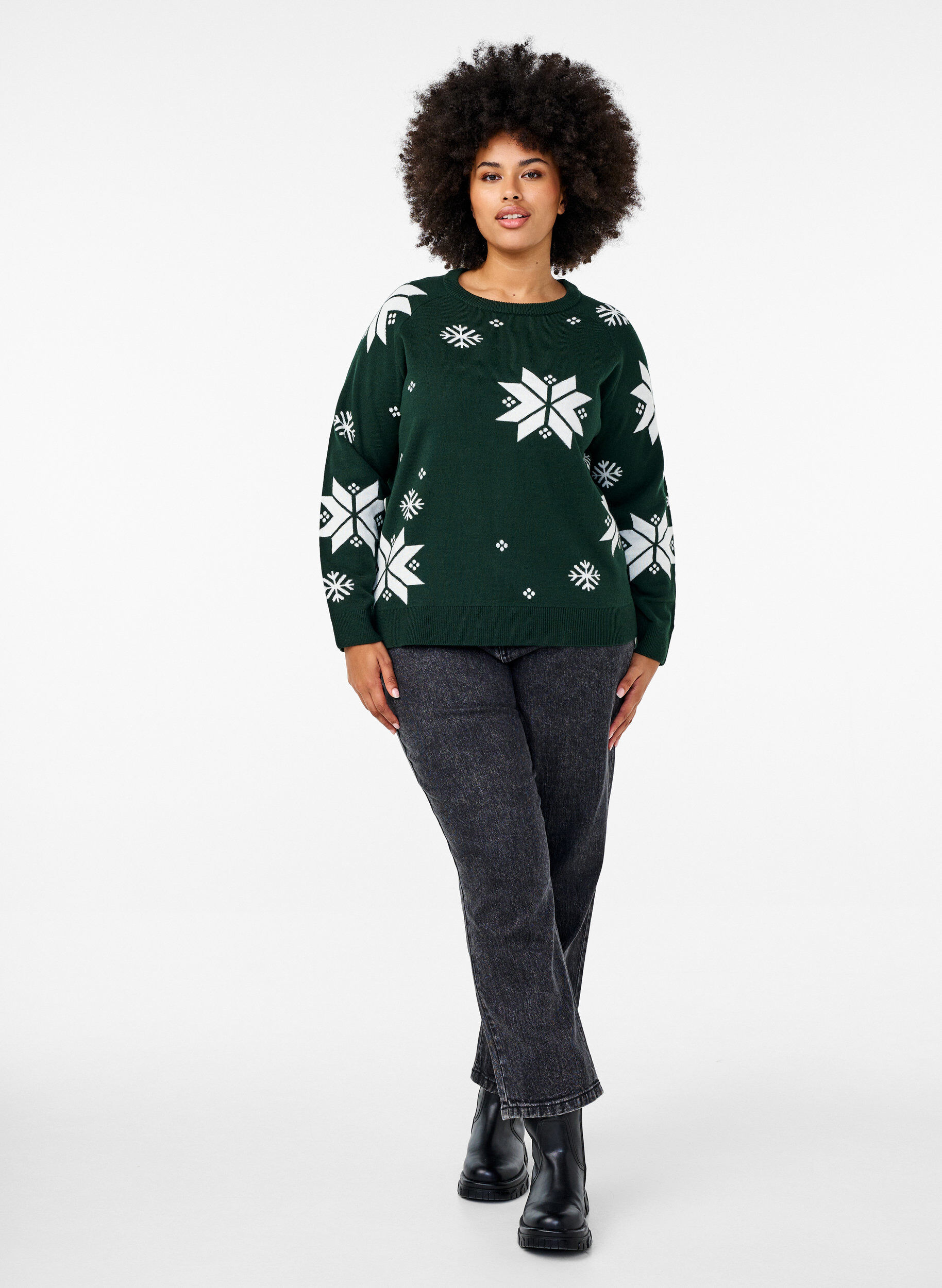 Zizzifashion Knitted jumper with snowflakes, Green, Model image number 1