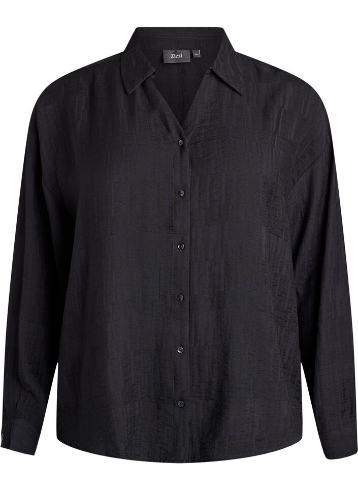 Loose shirt with texture and a V-neck, Black, Packshot image number 0