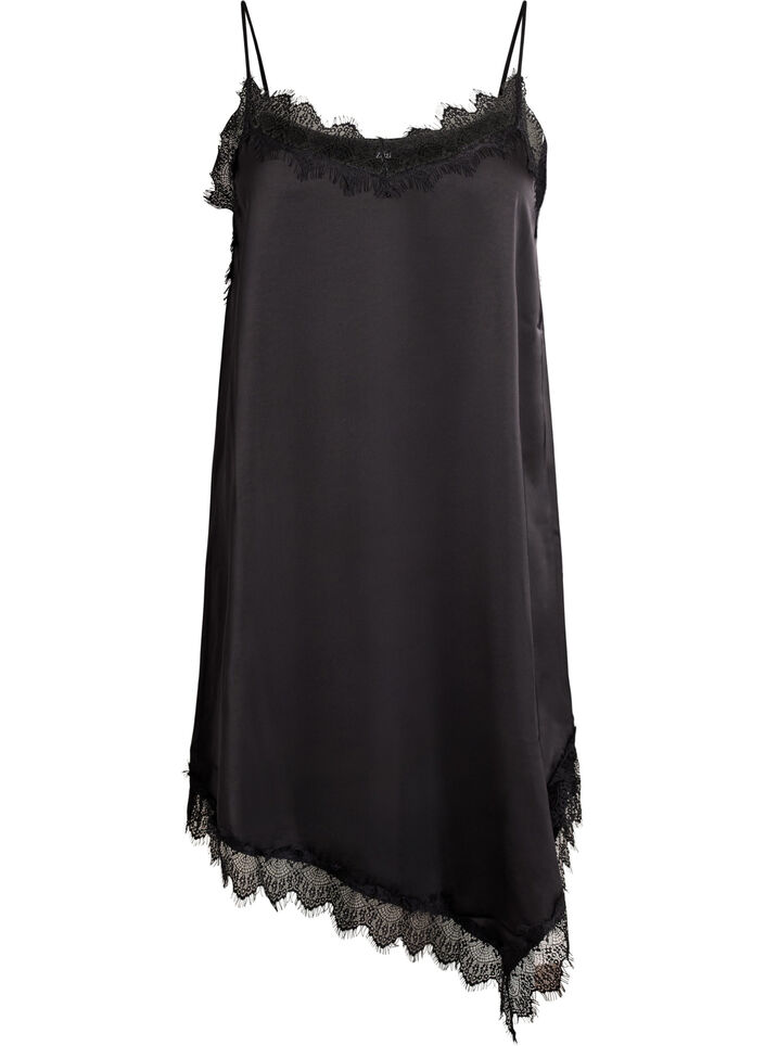 Satin-look dress with lace trim, Black, Packshot image number 0