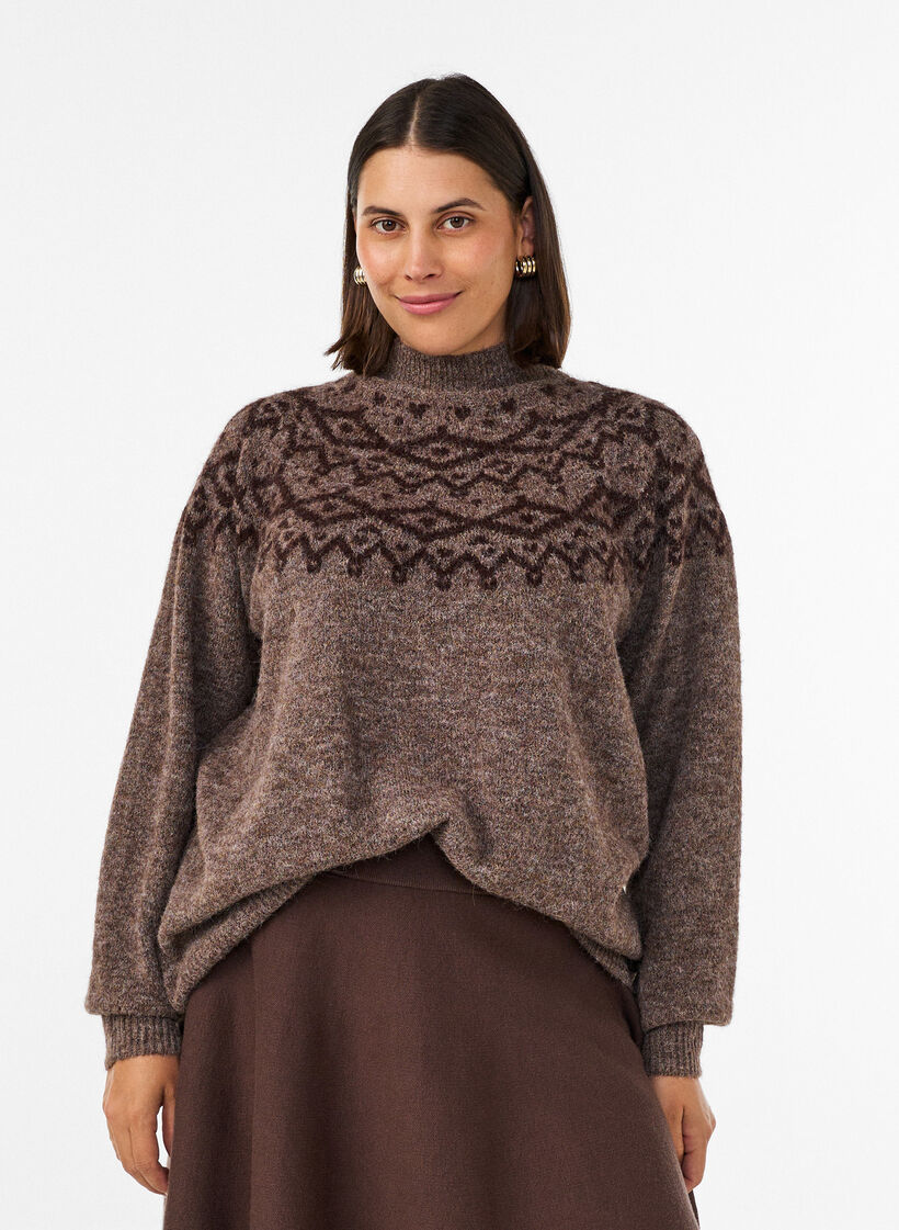 Jumper with Nordic pattern, Brown, Model image number 0