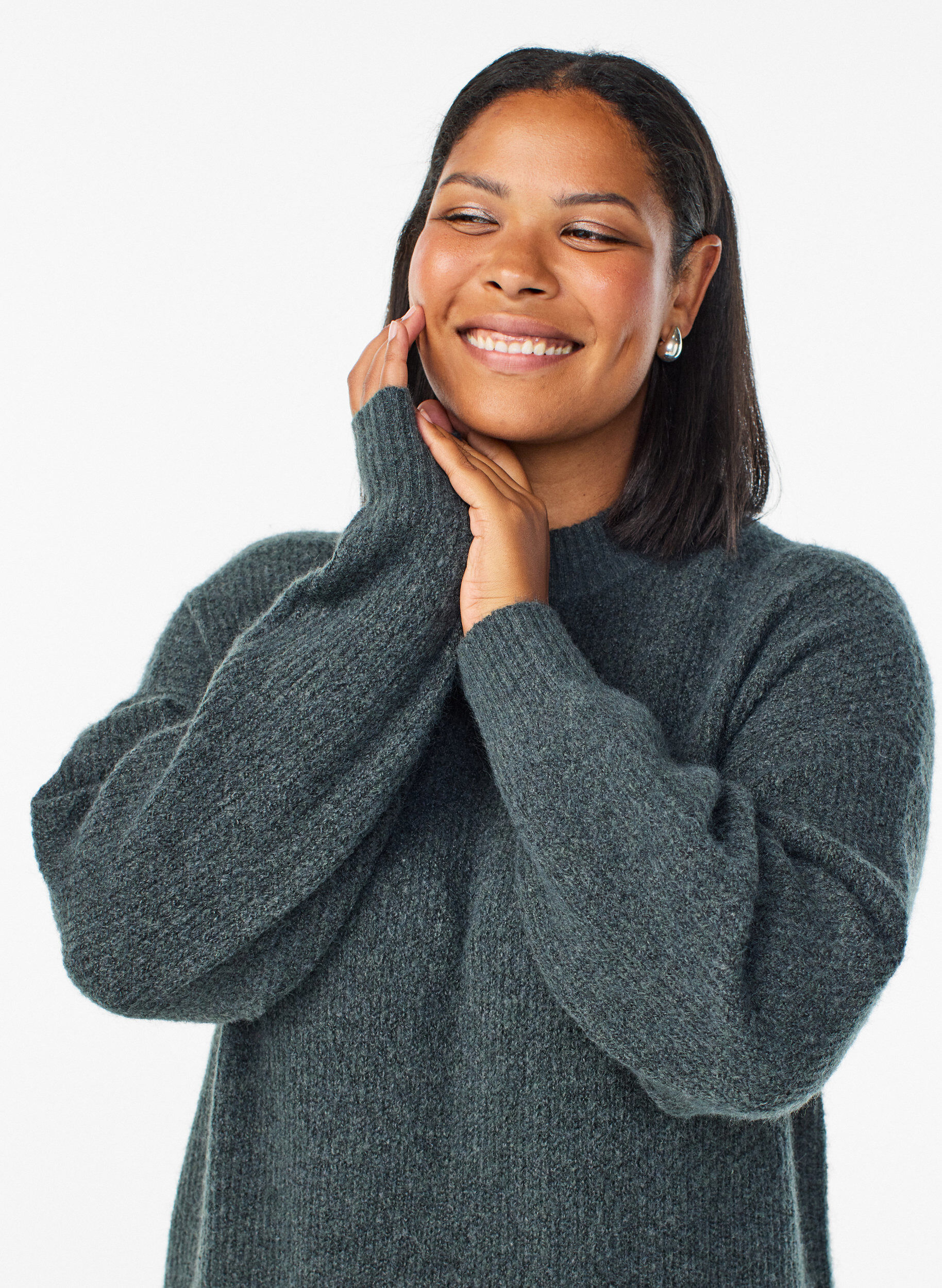 Zizzifashion Long knitted dress with high neck, Green, Model image number 2