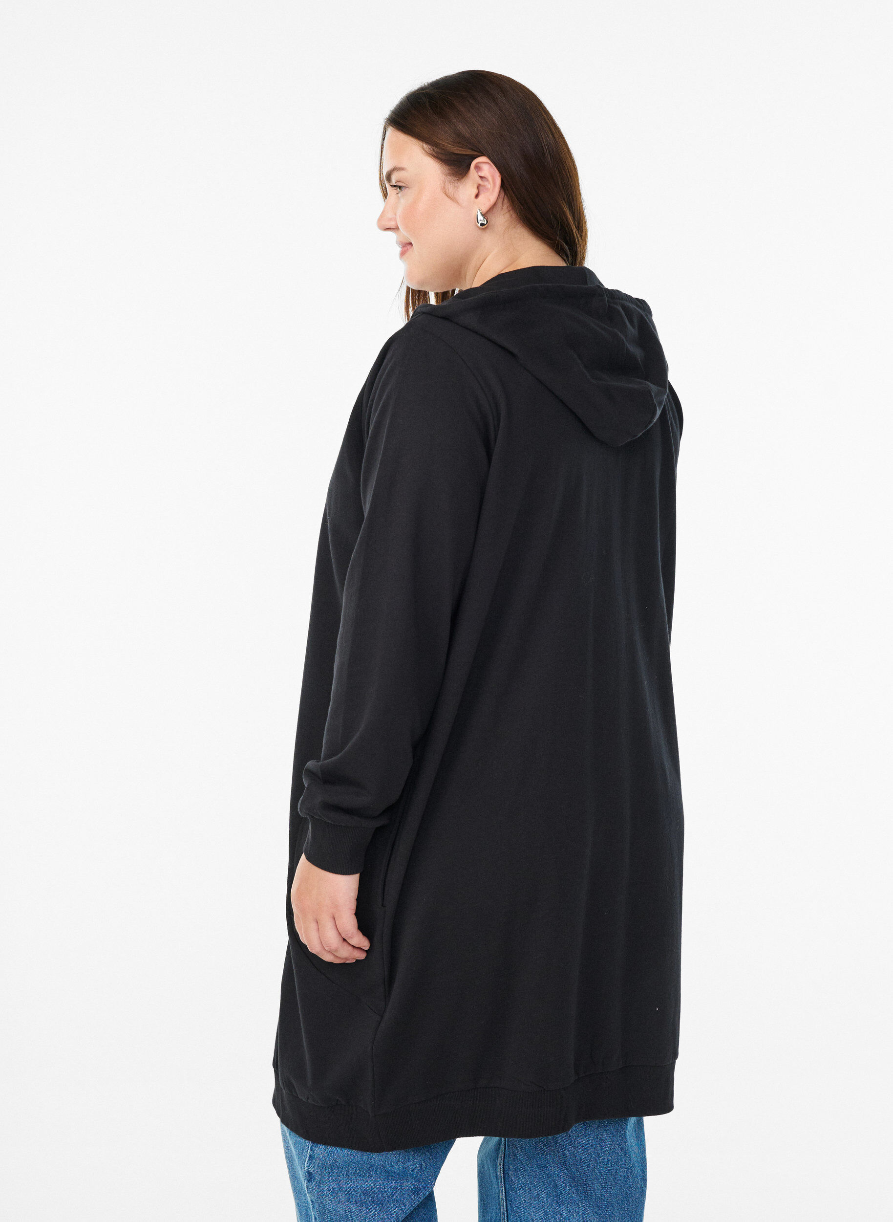 Zizzifashion Long cotton sweat cardigan with hood, Black, Model image number 2