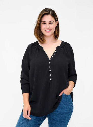 V-neck blouse with button details, Black, Model image number 0