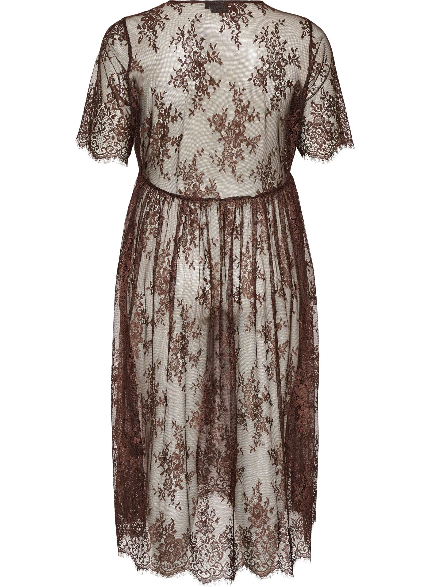 Zizzifashion Sheer lace midi dress with short sleeves, Brown, Packshot image number 1