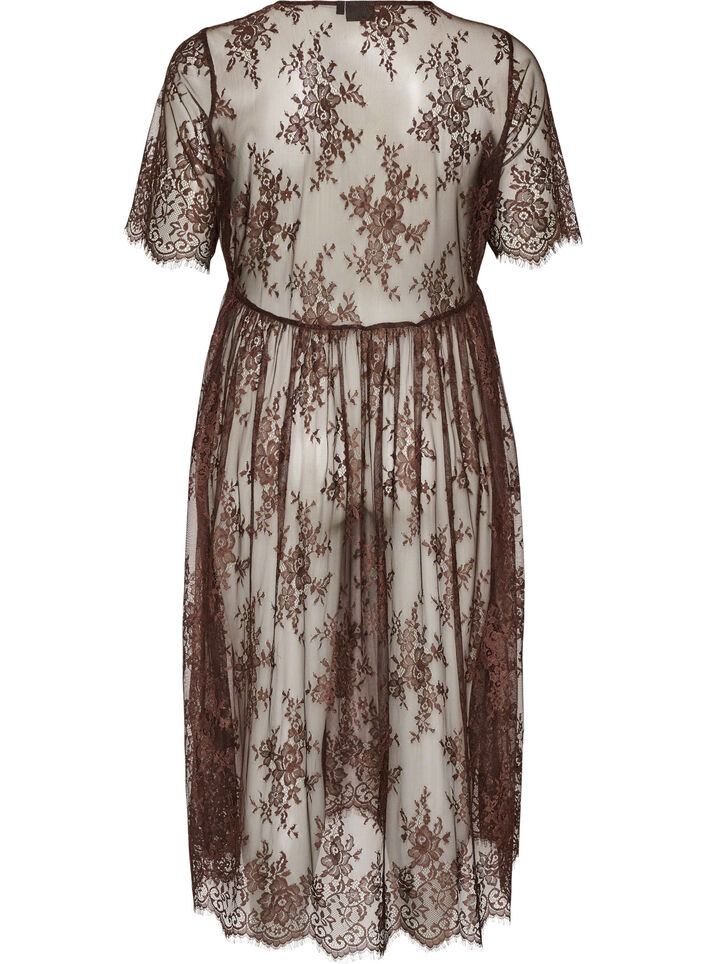 Sheer lace midi dress with short sleeves, Brown, Packshot image number 1