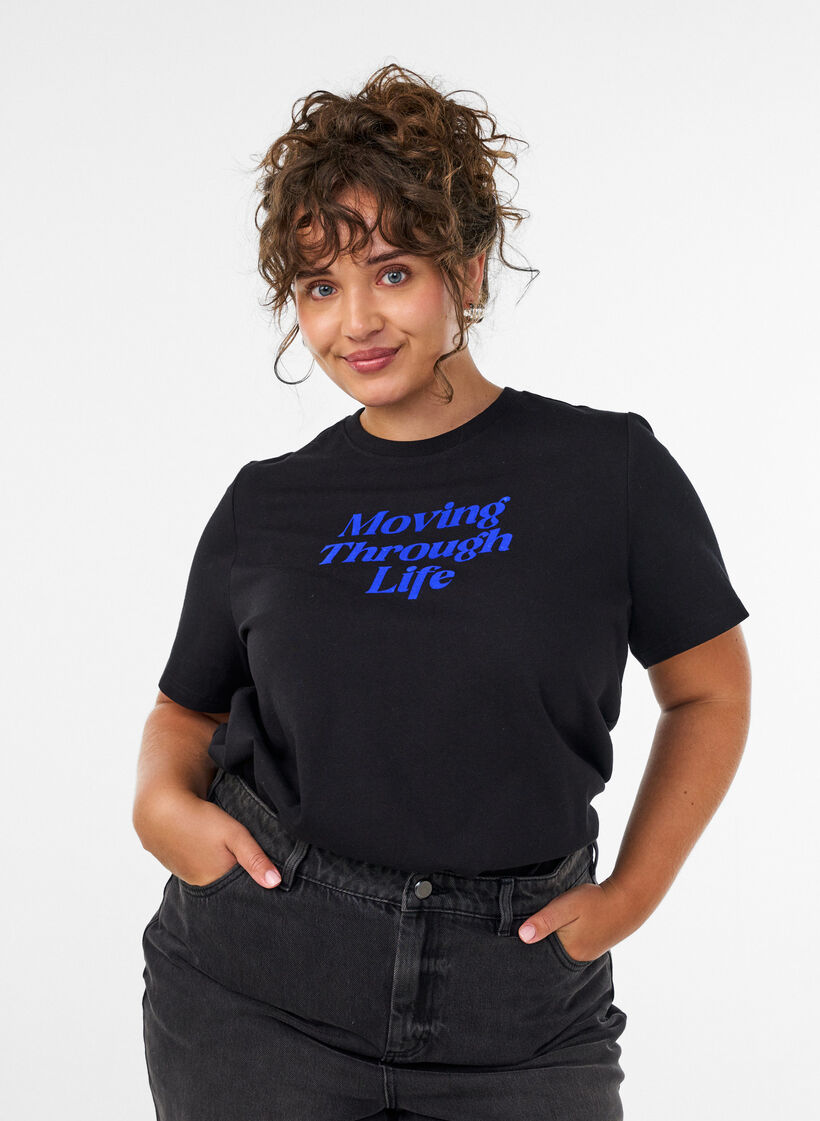 Cotton T-shirt with text print, Black, Model image number 0