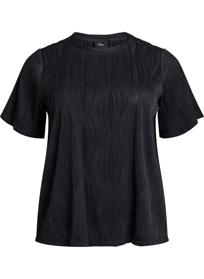 Blouse with short sleeves and a wavy texture, Black, Packshot image number 0