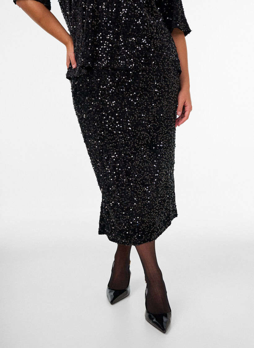 Midi skirt with sequins and slits, Black, Model image number 2