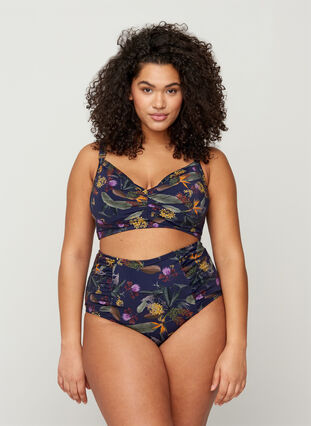 High-waisted bikini bottoms with floral print, Night Sky Flower, Model image number 1