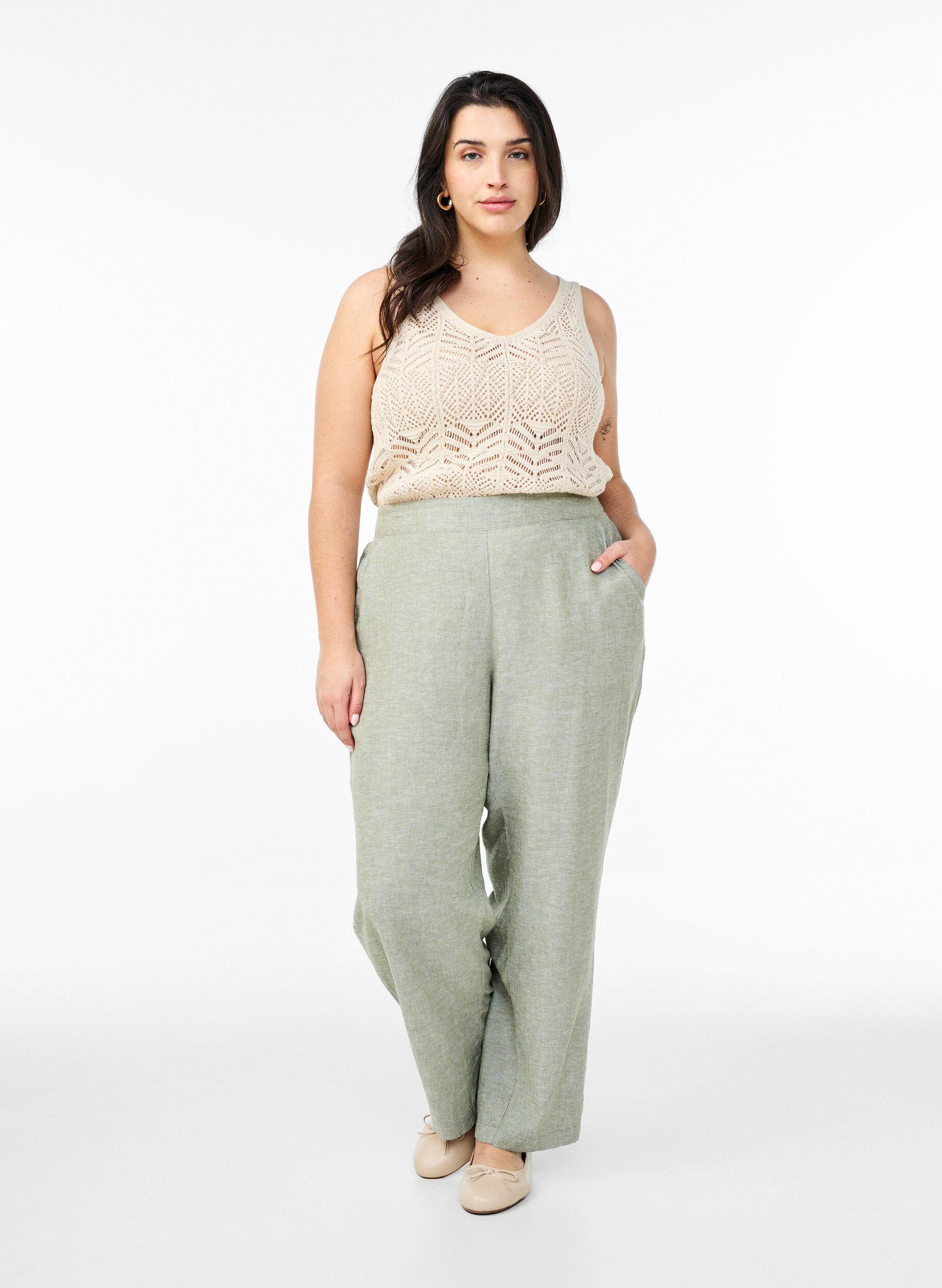 Zizzifashion Loose trousers in linen and viscose, Green, Model image number 1